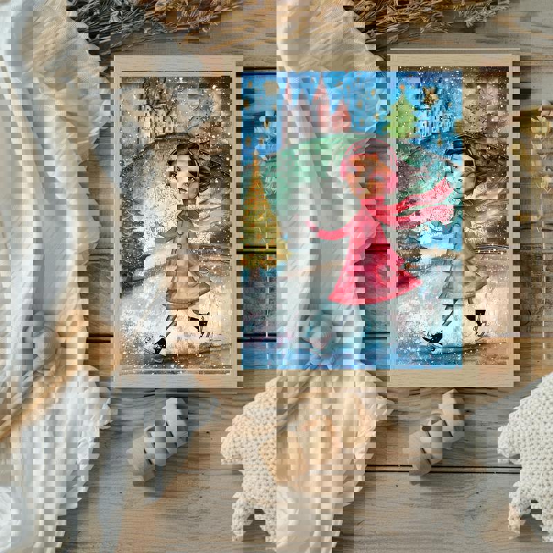 Christmas girl canvas print, sweet whimsical portrait for kids' bedroom wall decor, soft colors and gentle holiday sparkle