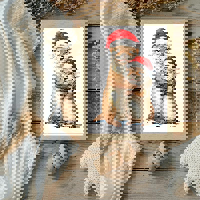 Christmas otter mother and baby canvas art, wearing Santa hats, charming festive illustration for a playroom or kid’s room