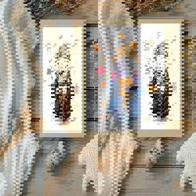 Cute polar bear watercolor canvas holding an autumn pastry, cozy fall animal art for kids' bedroom or playroom wall decor