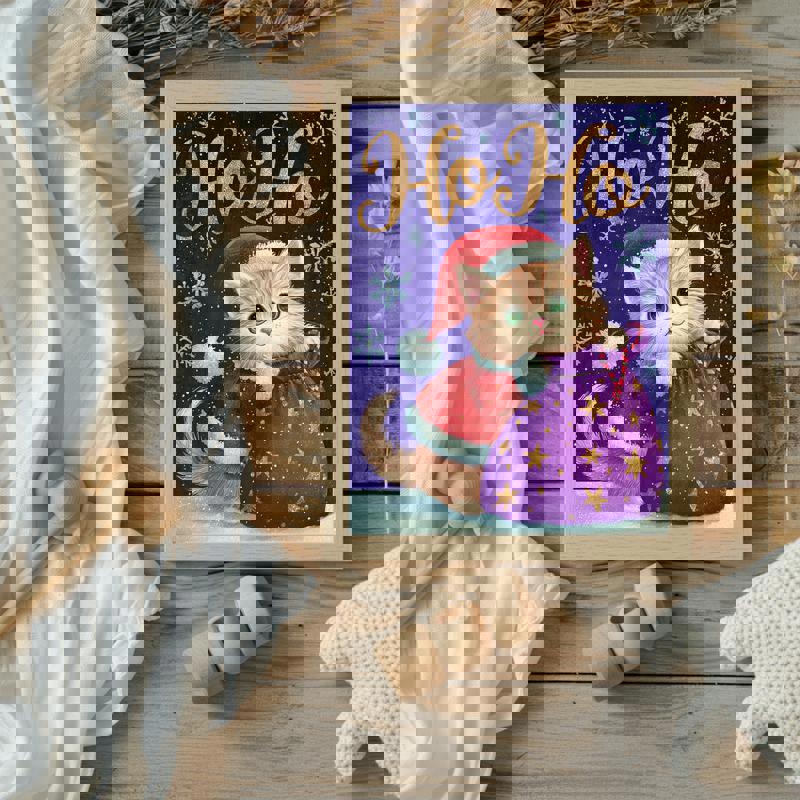 Cat Santa canvas, kawaii holiday decor for kids’ room, mint background with candy canes and stars, landscape layout