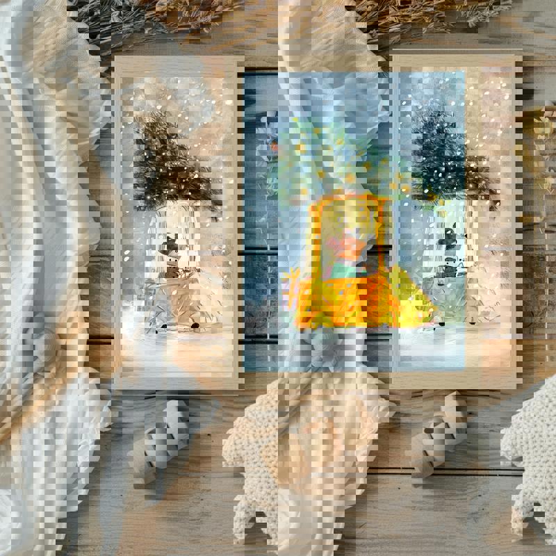 Christmas mouse carrying tree on car canvas for nursery decor, cute winter wall art with small car and gentle stars