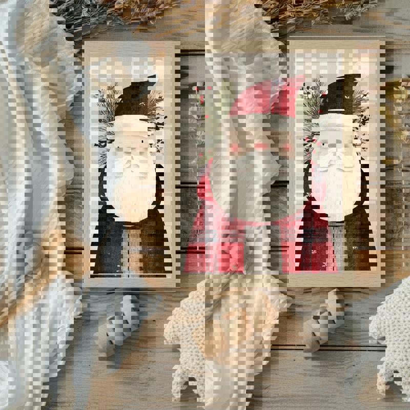 Santa holiday farmhouse canvas wall art, kid-friendly Christmas decoration for a playroom or nursery with warm rustic charm