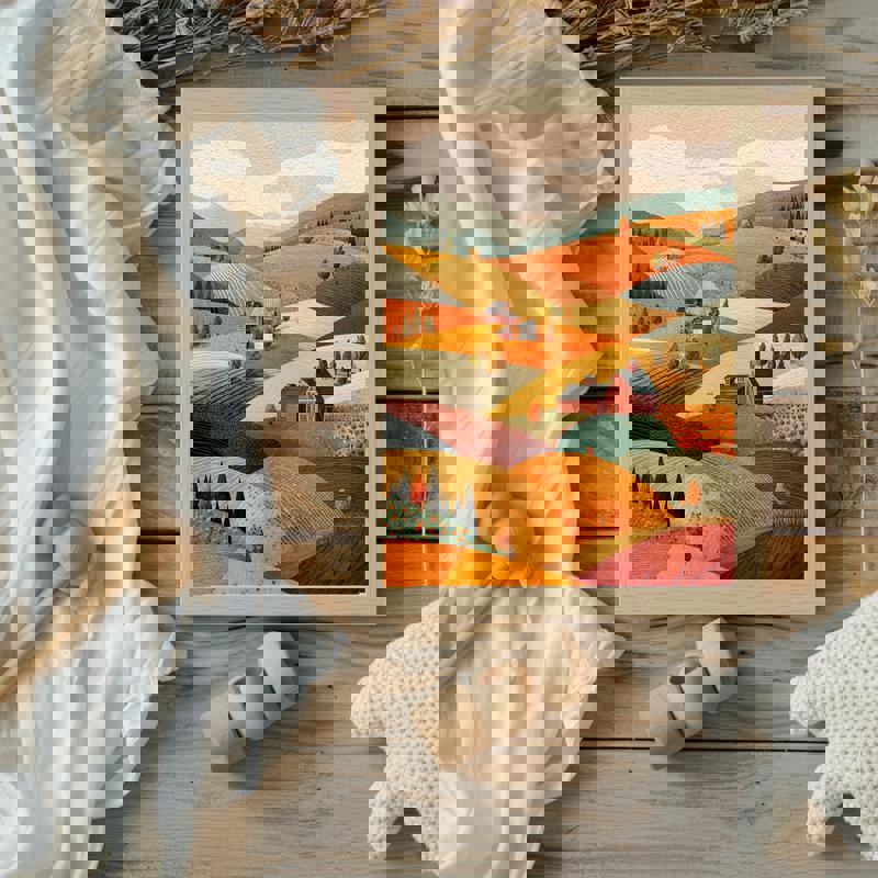 Serene pine forest and sunburst canvas print, whimsical green and yellow landscape for kids room decor, vertical format