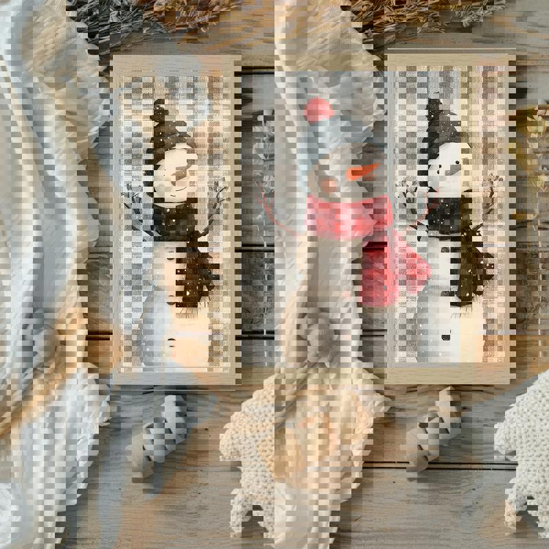 Snowman canvas print, watercolor illustration on blue snowy background, charming for playroom wall decor, landscape layout