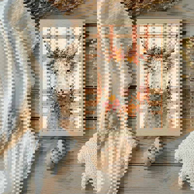 Thanksgiving white Highland cow canvas print in soft pastel fall tones, cute nursery wall decor for toddlers, kids' bedroom Thanksgiving white Highland cow canvas print in soft pastel fall tones, cute nursery wall decor for toddlers, kids' bedroom