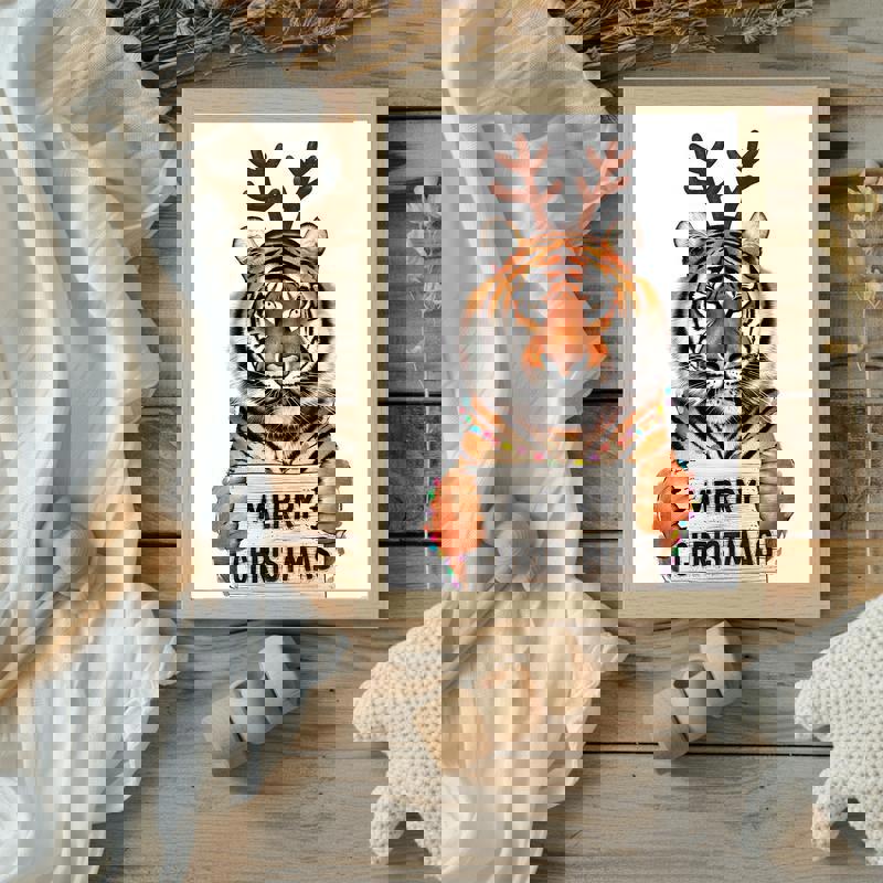 Christmas tiger canvas art, watercolor style in red and green, portrait orientation for nursery wall decor, soft and festive