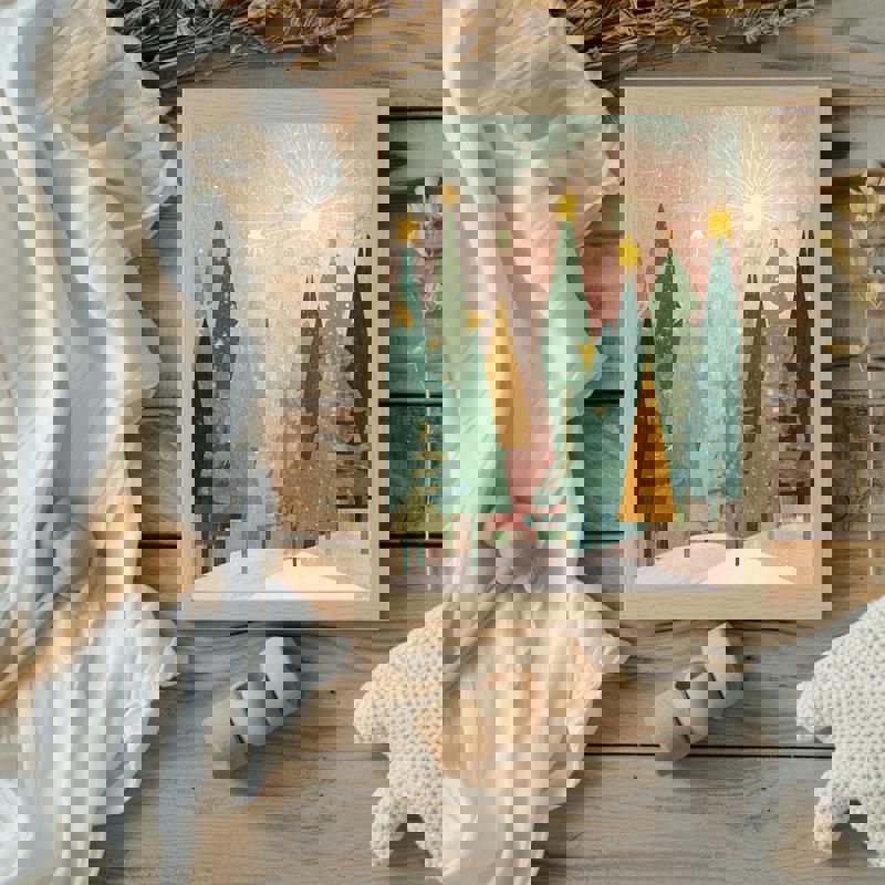 Whimsical Christmas mountain scene canvas wall art in vibrant colors, snowy peaks and pines, accent for children's bedroom