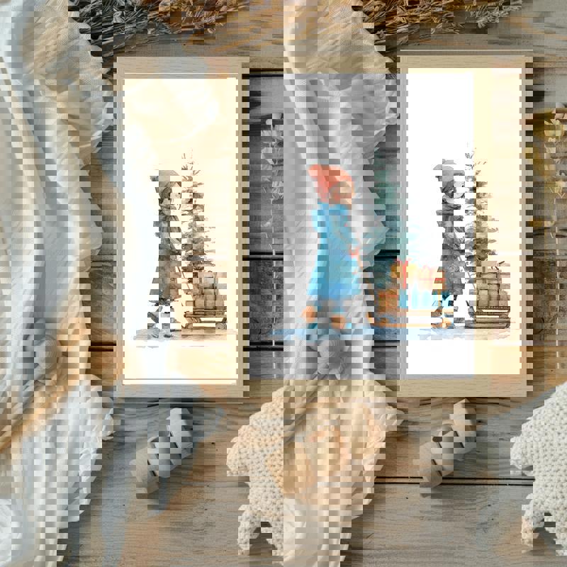 Whimsical watercolor girl with sled and Christmas gifts canvas art, cozy holiday nursery decor for kids’ room