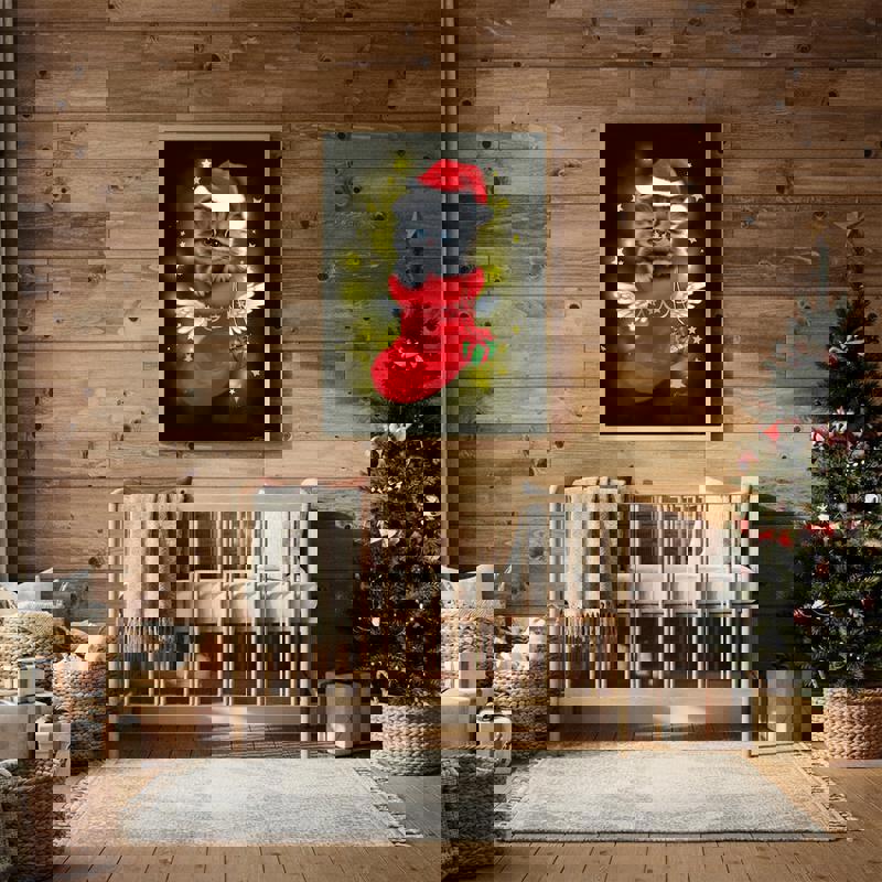 Angel Santa memorial cat canvas, portrait orientation, snowy scene with gold halo, comforting art for child’s room