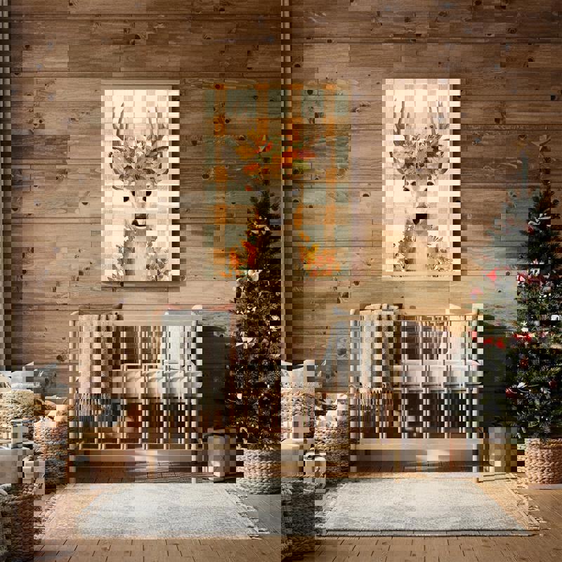 Autumn deer nursery canvas wall art, whimsical farmhouse look, soft orange and brown hues, perfect for playroom decor.