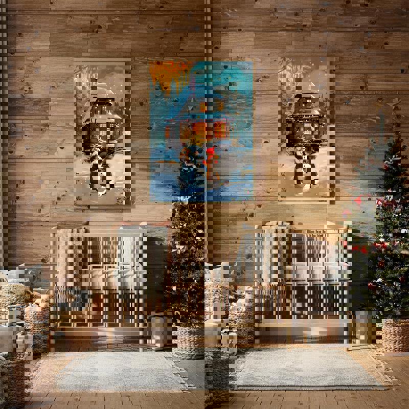 Build a Snowman canvas wall art, square format with whimsical snowman and snowflakes, festive decor for kid's bedroom