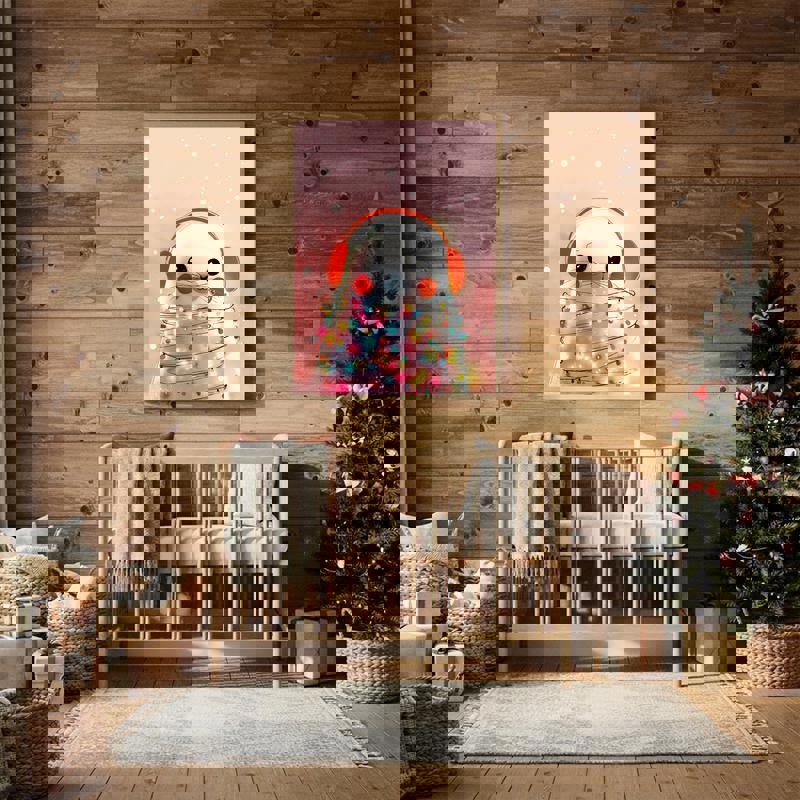 Christmas seal canvas, kawaii portrait with holly wreath on pastel pink background; cute gift for child holiday decor