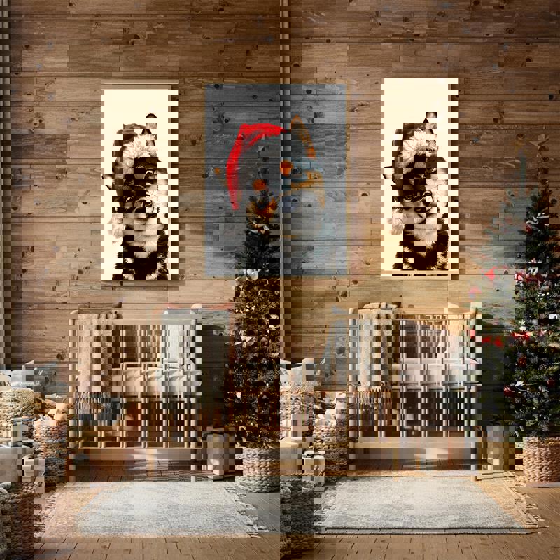 Christmas Black Shiba Inu Santa canvas wall art, dog by twinkling tree lights, cheerful kids' room holiday decoration