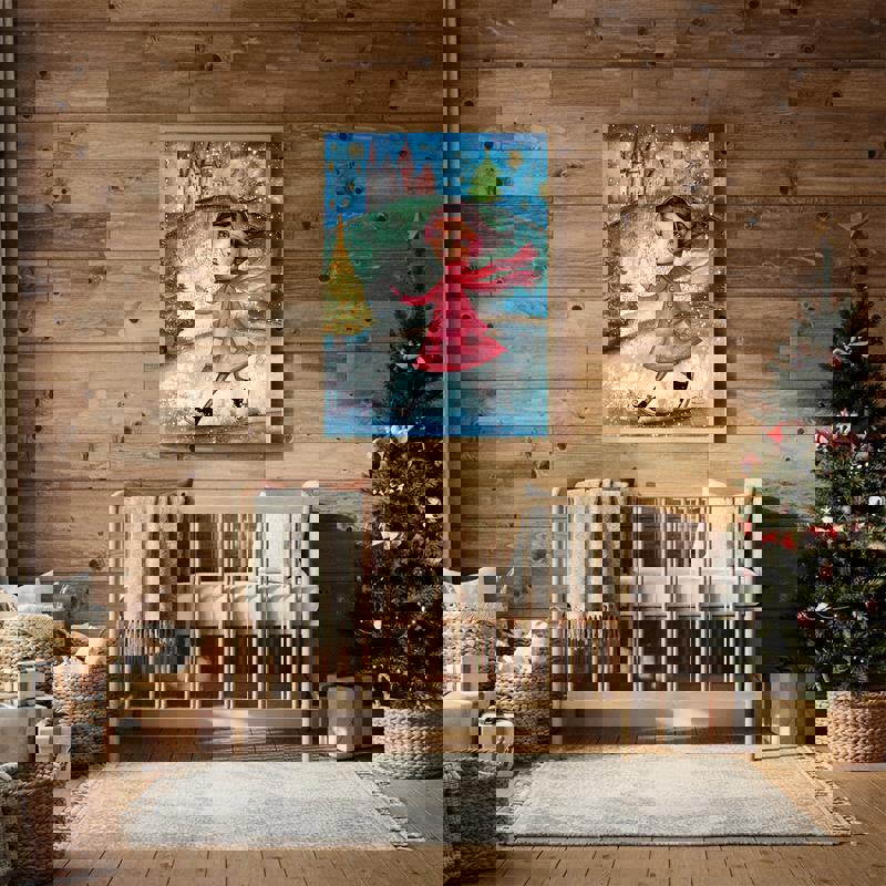 Christmas girl canvas art, whimsical holiday portrait for kids' room; charming gift idea for daughter or granddaughter