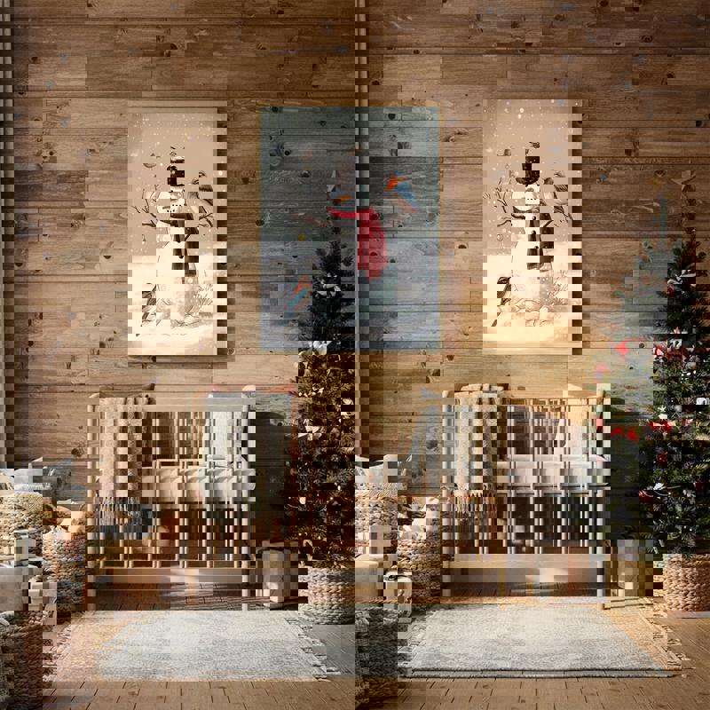 Christmas snowman canvas featuring red hat and green scarf, vertical portrait; festive gift for kids decorating a playroom