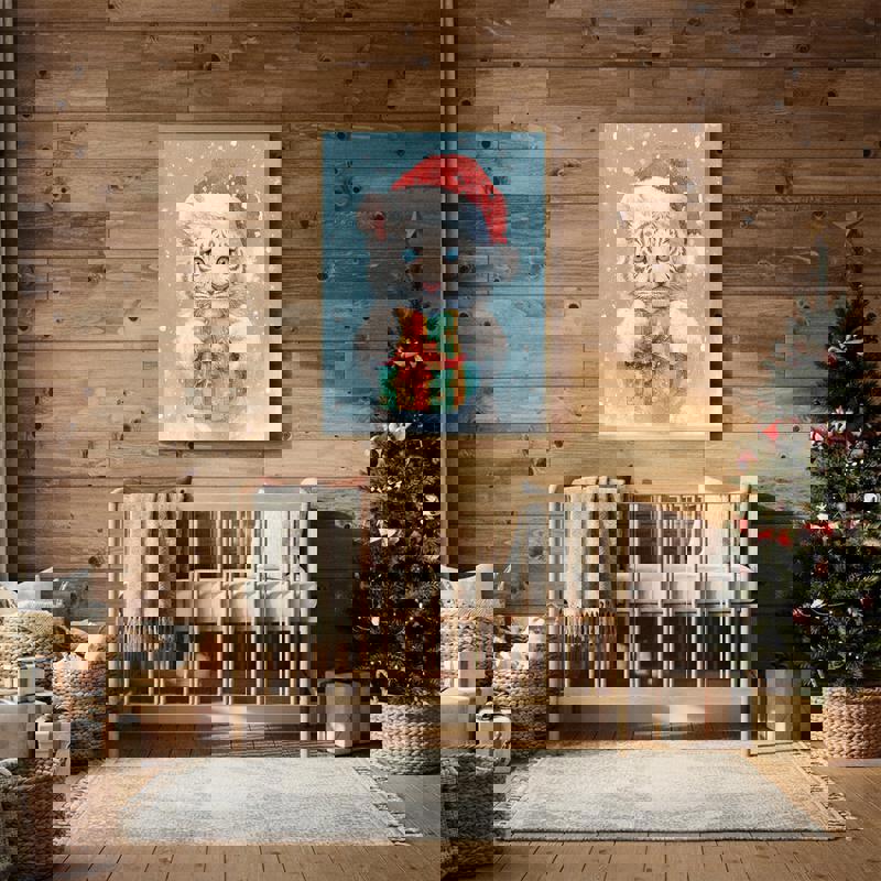 Christmas baby lion watercolor canvas wall art, charming kids room decor and cute holiday gift for toddlers or new parents