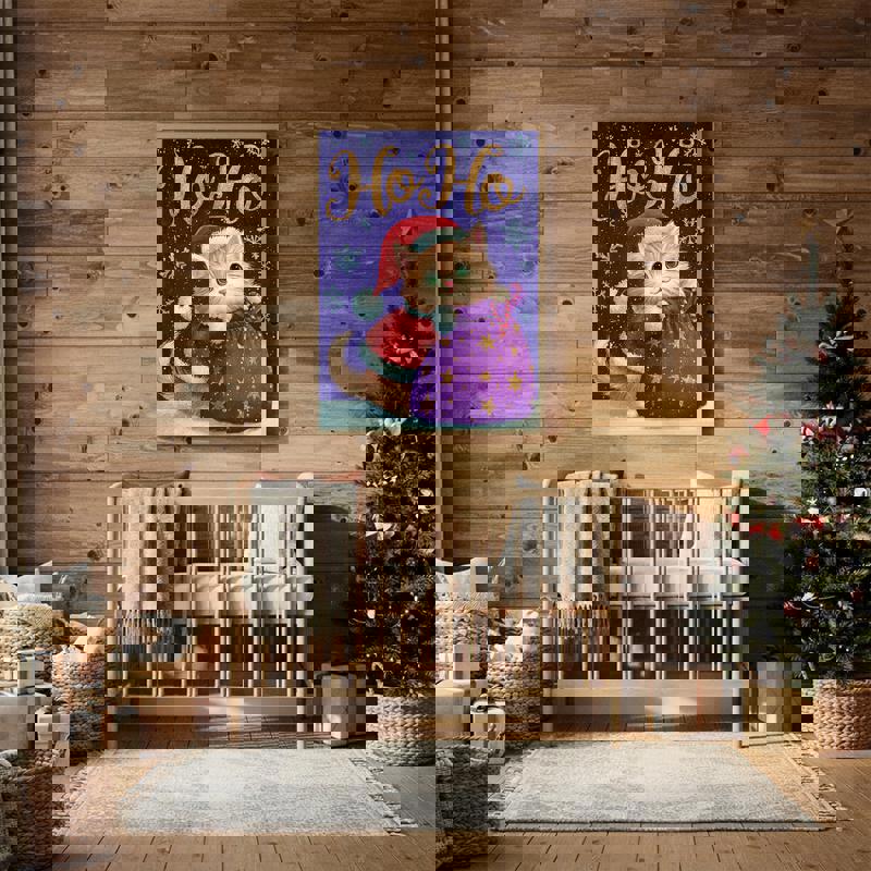 Ho Ho Cat Santa canvas, cute Christmas kids’ room art, navy starry night backdrop, Santa sack with gifts, square format