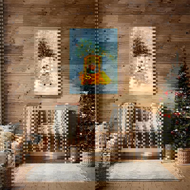 Christmas mouse carrying tree on car canvas for playroom decor, playful seasonal illustration with snowflakes and cozy vibes