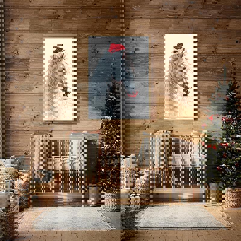 Majestic horse Santa canvas wall art, square format Christmas piece for kids' room with cute, friendly illustration vibe Majestic horse Santa canvas wall art, square format Christmas piece for kids' room with cute, friendly illustration vibe