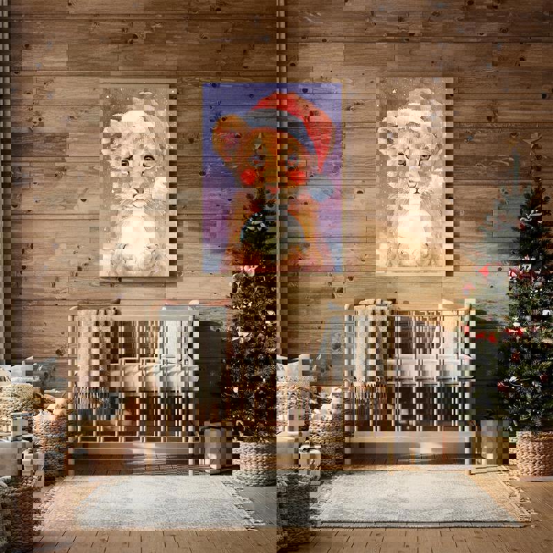 Baby lion canvas wall art for nursery walls, charming cub illustration to brighten kids' rooms with a soothing, playful vibe