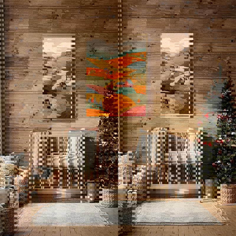 Serene pine forest and sunburst canvas, soft watercolor landscape for nursery, muted earth tones, square layout