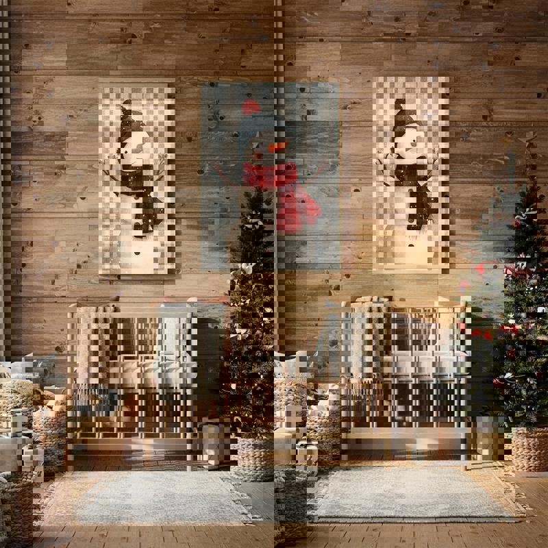 Snowman canvas wall art with carrot nose and knit scarf, cute holiday gift for a child's room or nursery, neutral tones