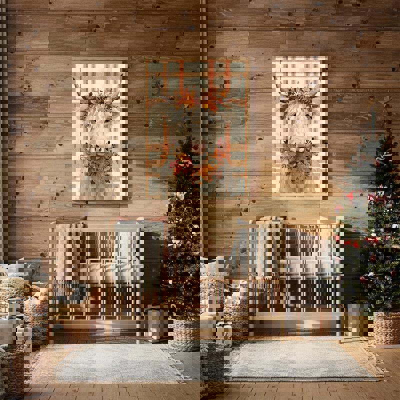 Thanksgiving white Highland cow canvas art featuring pumpkins, cozy farmhouse style kids' room decoration for fall Thanksgiving white Highland cow canvas art featuring pumpkins, cozy farmhouse style kids' room decoration for fall