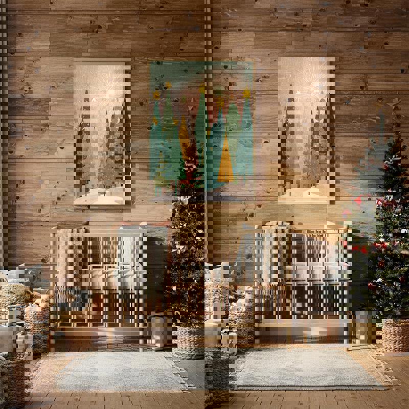 Whimsical Christmas mountain scene canvas featuring bright festive hues, wintery peaks and firs, fun decor for kids' playroom