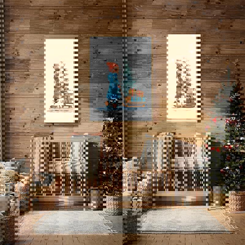 Whimsical watercolor winter scene canvas featuring girl pulling sled of Christmas gifts, charming children’s room wall art