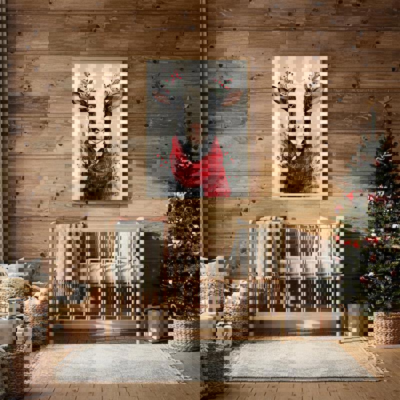 Christmas goat canvas for nursery decor, child-friendly holiday illustration of a goat with festive accents for kids