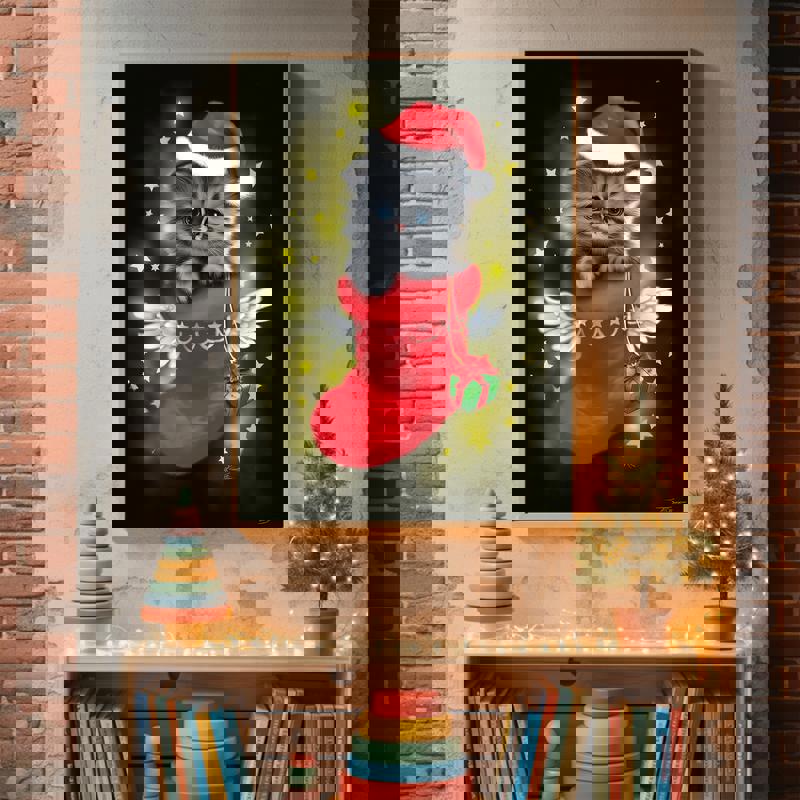 Angel Santa cat memorial canvas featuring gentle wings and haloed kitty, pastel pink accents, kids’ bedroom wall art