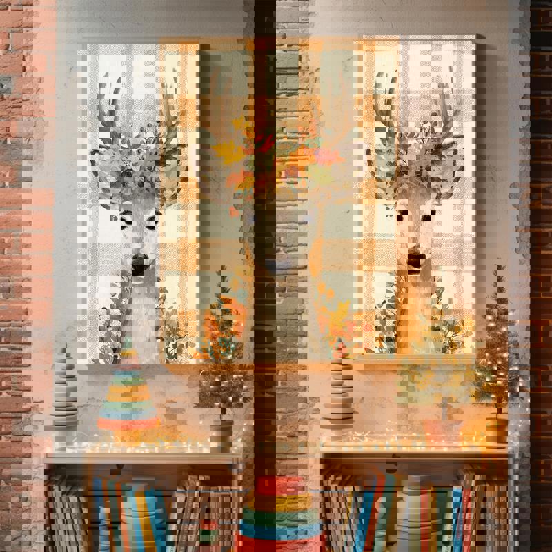 Autumn deer canvas wall art, cozy farmhouse aesthetic, kid-friendly woodland theme for boys' or girls' room decor.