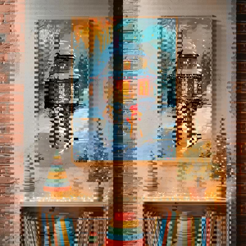 Build a Snowman girl's room canvas, landscape orientation in mint and blush palette, cheerful Christmas wall decor for kids