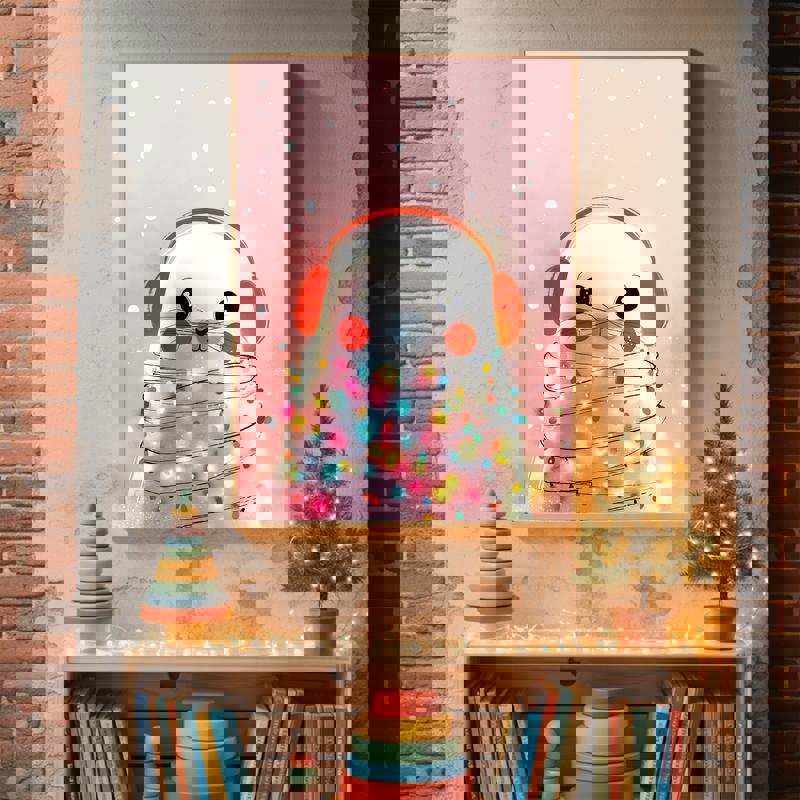 Christmas seal canvas, kawaii square print on teal with star garland and snow; playful kids room wall decor art