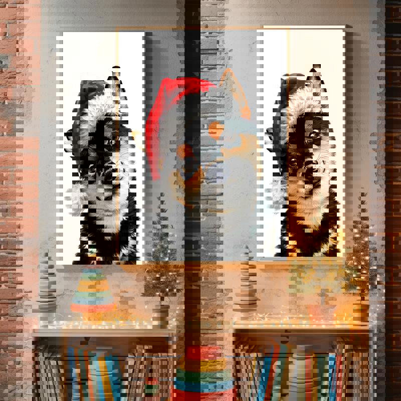 Christmas Black Shiba Inu Santa canvas, close-up face with Santa hat and wreath backdrop, cute nursery and kids' room decor