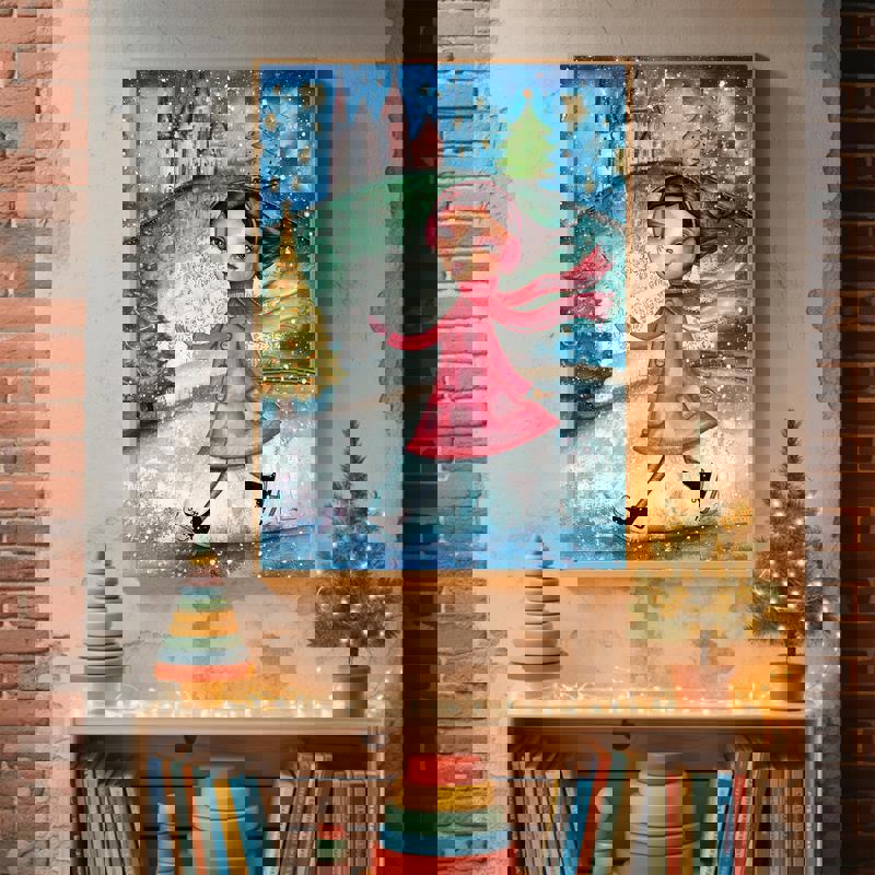 Christmas girl canvas, whimsical child portrait for nursery or playroom wall art, festive tones and cheerful holiday vibe