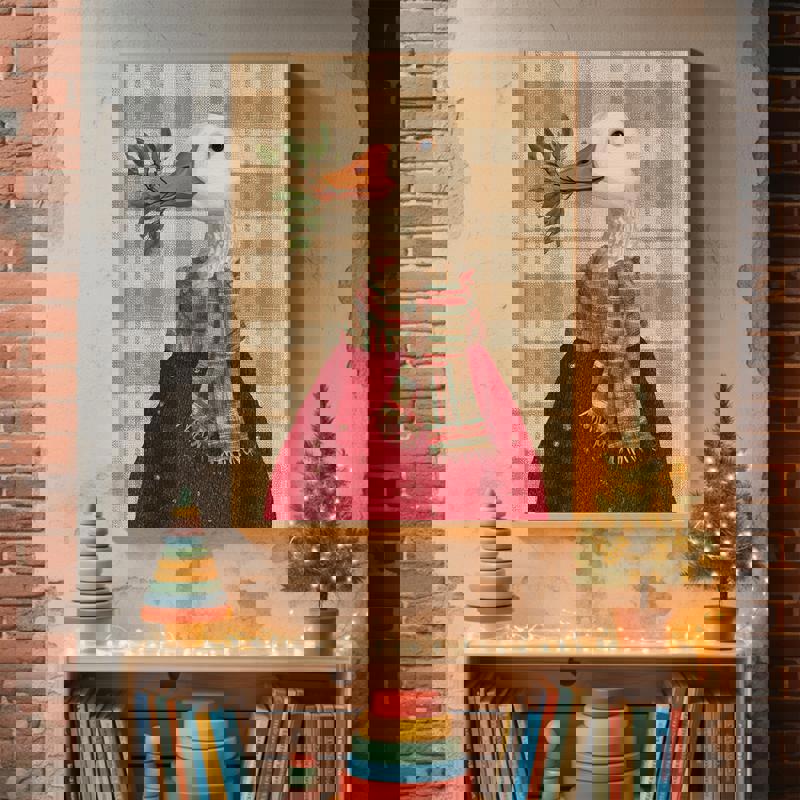 Christmas goose canvas art for kids' bedroom, gentle watercolor style with festive holiday theme, minimalist, landscape