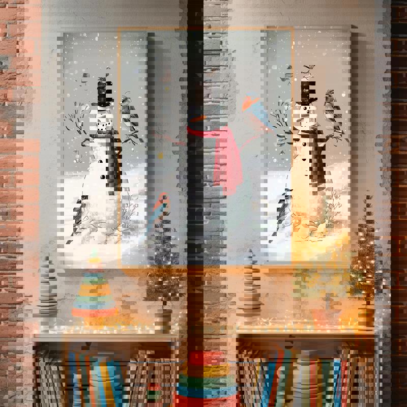 Christmas snowman canvas in cute cartoon style, square format with snowflakes; sweet wall art for a toddler’s holiday nursery