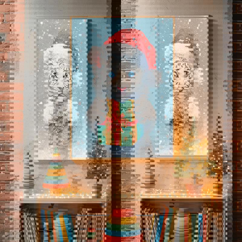 Cute baby lion Christmas canvas wall decor, gentle watercolor winter scene, kids bedroom art for nursery holiday decor