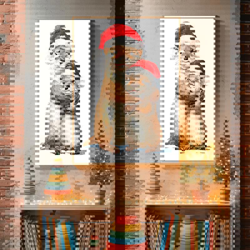 Christmas otter mother and baby canvas wall art in Santa hats, sweet holiday gift for kids, cheerful decor for a child’s room