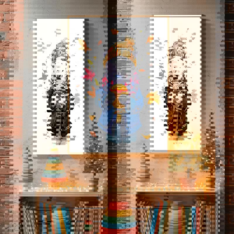 Cute polar bear autumn pastry canvas in gentle watercolor, whimsical animal print for children's room or nursery decor