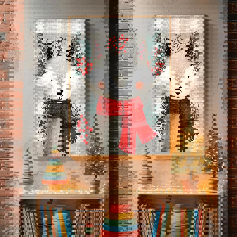 Fox canvas wall art, cute smiling fox with forest trees, teal and orange tones, square print for kids' playroom decor