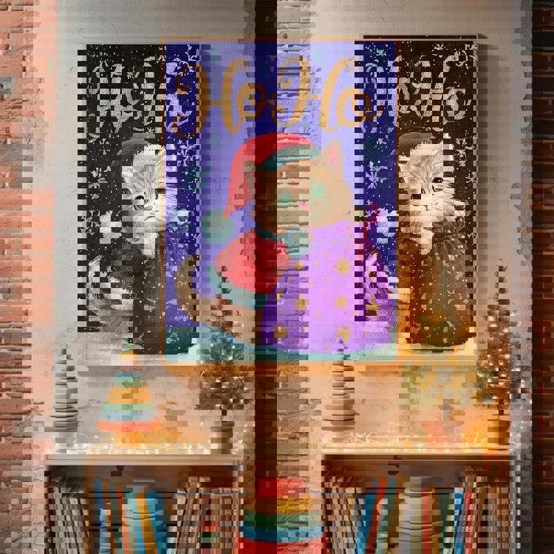 Cat Santa canvas, minimalist kawaii Christmas wall decor for kids’ room, cream background with holly and bells, portrait