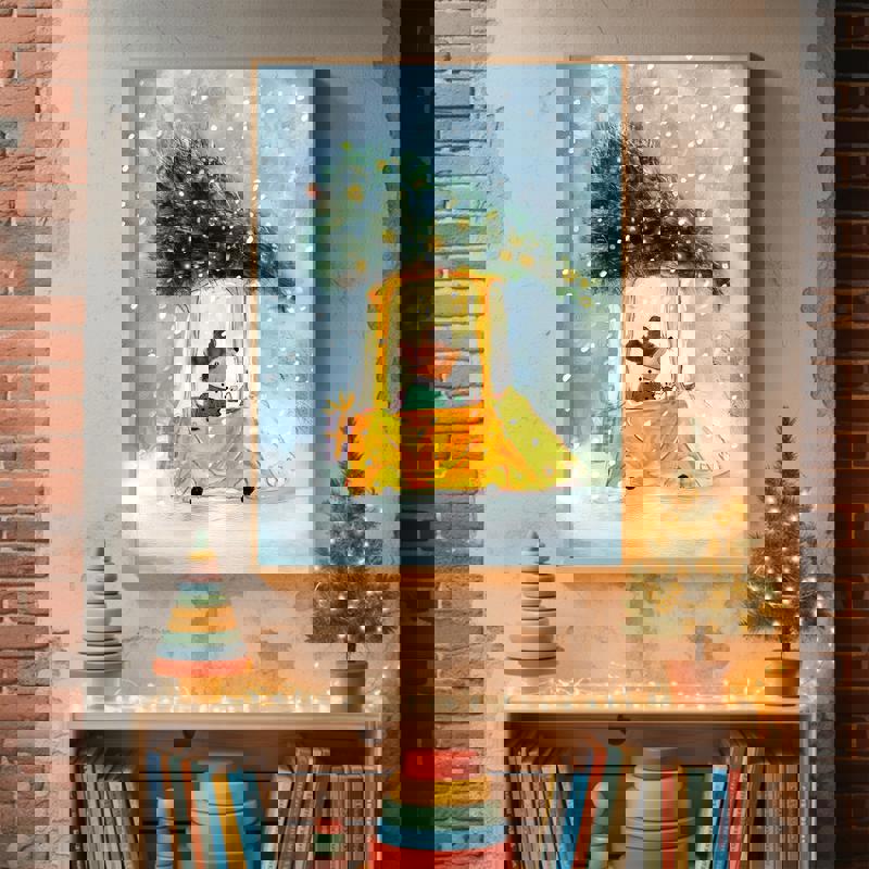 Christmas mouse carrying tree on car canvas, festive kids' bedroom wall art for holiday decor with cheerful woodland feel