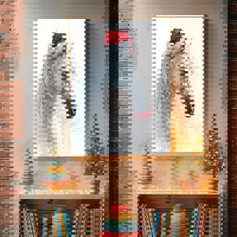 Majestic horse Santa canvas print for kids' room, cozy holiday wall decor in close-up style highlighting the Santa hat Majestic horse Santa canvas print for kids' room, cozy holiday wall decor in close-up style highlighting the Santa hat