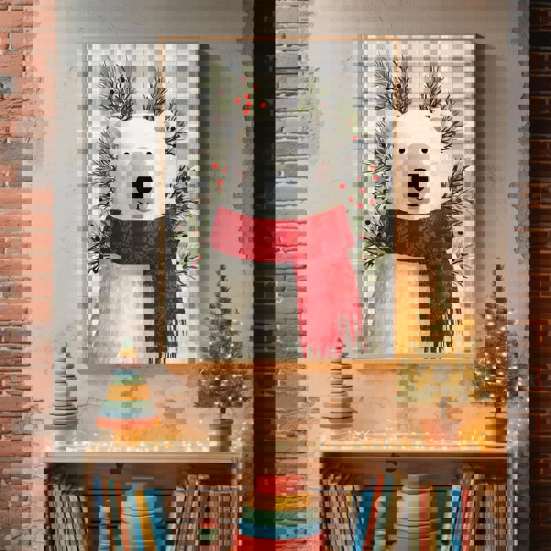 Polar bear canvas wall art, sweet cartoon-style nursery decor for toddler room; neutral colors for cozy kids’ spaces