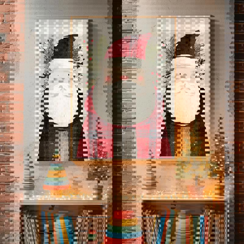 Santa holiday farmhouse canvas wall art, charming holiday accent for children’s room or nursery in classic rustic style