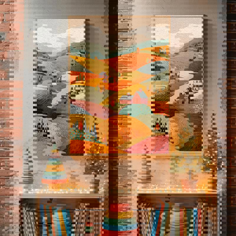 Serene pine forest and sunburst landscape canvas, cheerful modern style for playroom decor, bright palette, large size