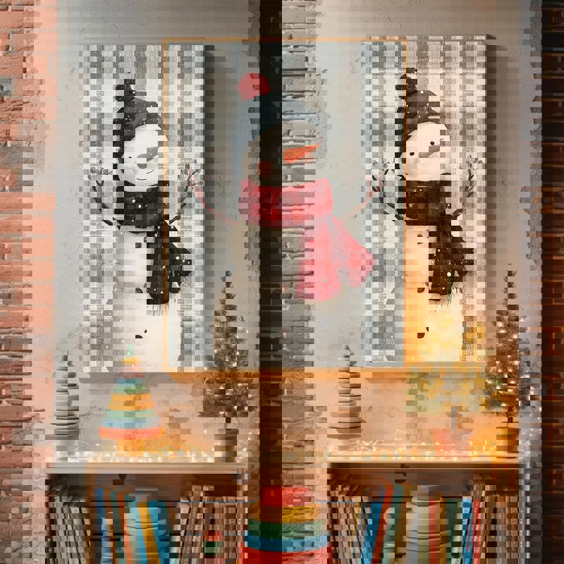 Snowman gallery-wrapped canvas, minimalist pastel design with snowflakes, sweet accent for kids' bedroom wall, square format