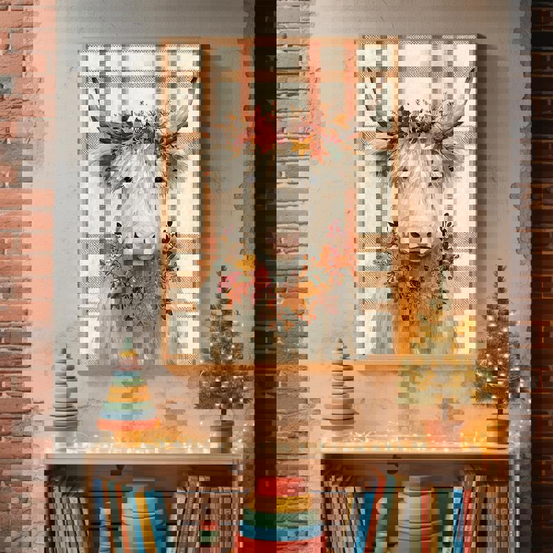 Thanksgiving white Highland cow canvas, playful autumn harvest artwork for kids' playroom or nursery wall decoration Thanksgiving white Highland cow canvas, playful autumn harvest artwork for kids' playroom or nursery wall decoration